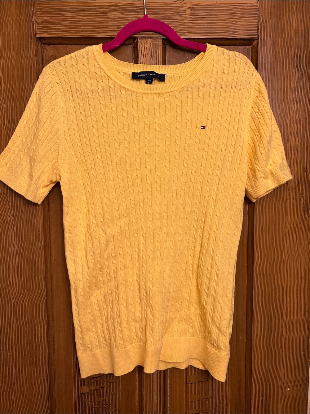 Tommy Hilfiger Women’s Yellow Cable-Knit Short Sleeve Sweater
